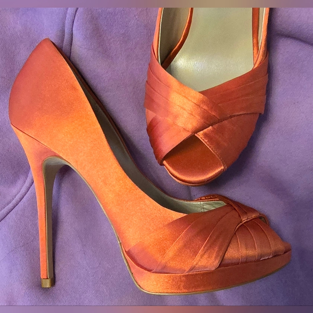 *final* Karen Millen bright orange fabric spikey platforms open toe heels EU 38
